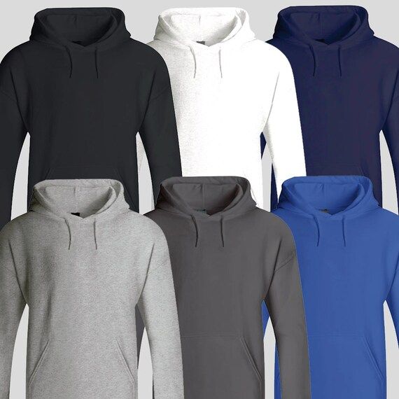 Sex olika hoodies i basfärger för profilkläder och tryck.