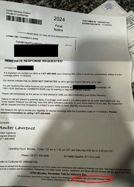 Ett varningsbrev gällande hemförsäkring med rödmarkering för bedrägeri.
